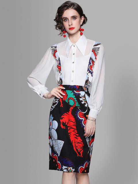 

JC Collection Women White & Black Printed Shirt with Skirt Co-Ords Set