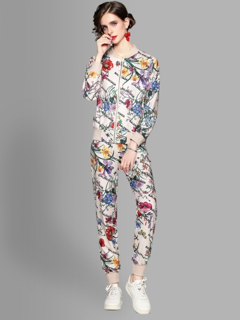 

JC Collection Women Multicoloured Printed Coat with Joggers Co-Ords Set, Multi