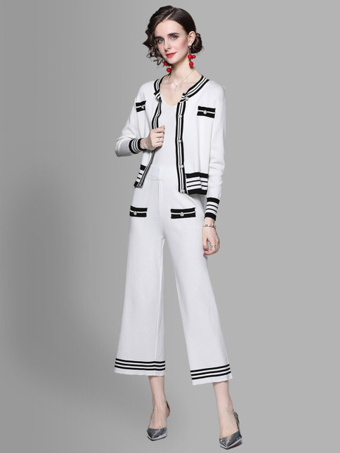

JC Collection Women White & Black Striped Coat with Palazzos Co-Ords Set