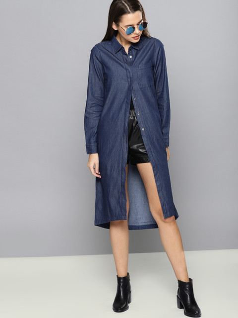 

Kook N Keech Women Navy Blue Chambray Solid Shirt Dress