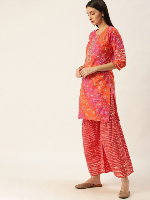 

Somras Women Orange Bandhani Printed Gotta Patti Pure Cotton Kurta with Palazzos & Dupatta