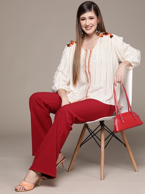 

Ishin Women Off White & Golden Embroidered Top