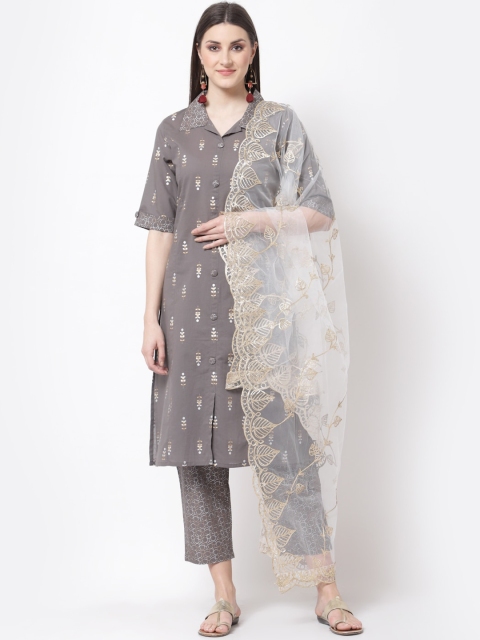 

Myshka Women Grey Ethnic Motifs Printed Pure Cotton Kurti with Trousers & Dupatta