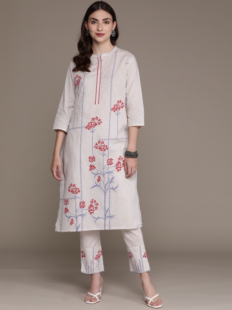 

ZIYAA Women Grey Floral Printed Pure Cotton Kurta with Trousers