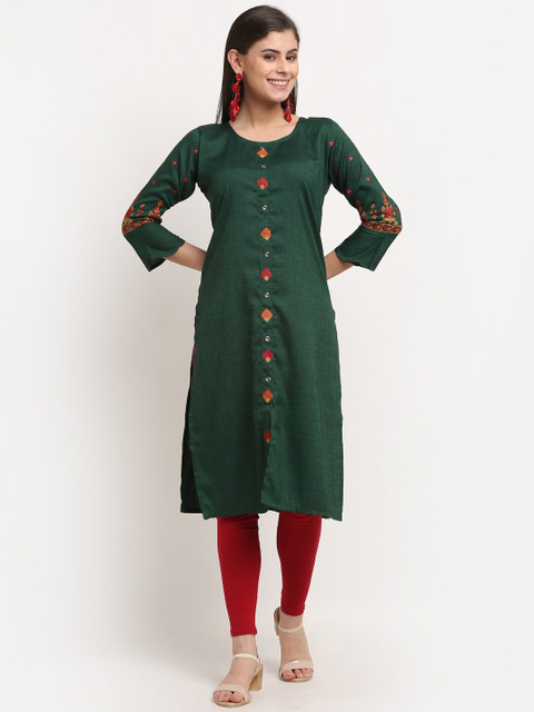 

GRACIT Women Green Geometric Embroidered Thread Work Cotton Silk Kurta
