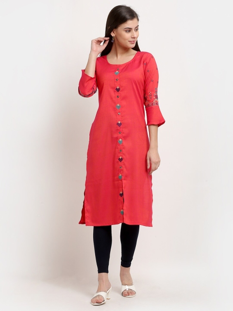 

GRACIT Coral Floral Embroidered Thread Work Straight Kurti