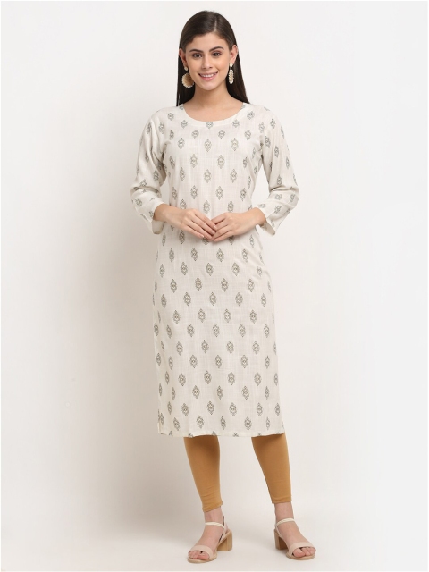 

GRACIT Off White & Grey Ethnic Motifs Block Printed Pure Cotton Kurti