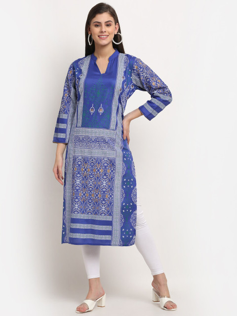 

GRACIT Blue & White Ethnic Motifs Printed Organic Cotton Kurti