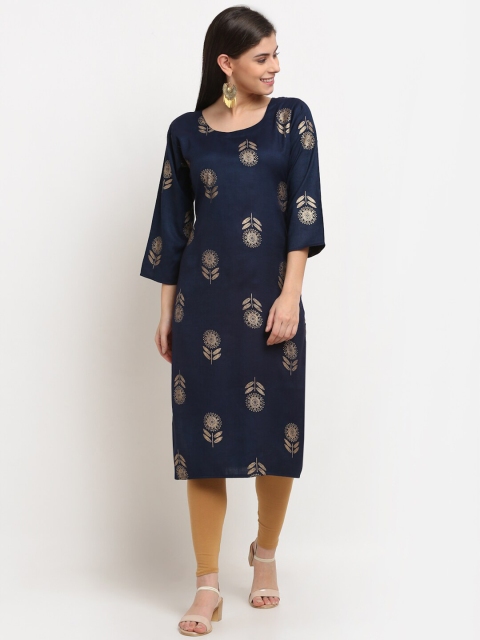 

GRACIT Navy Blue & Gold-Toned Floral Printed Straight Kurti