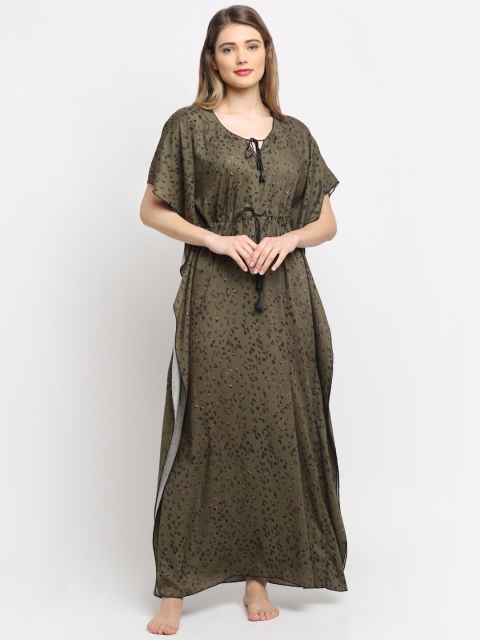 

Claura Women Green Printed Cotton Kaftan Maxi Nightdress