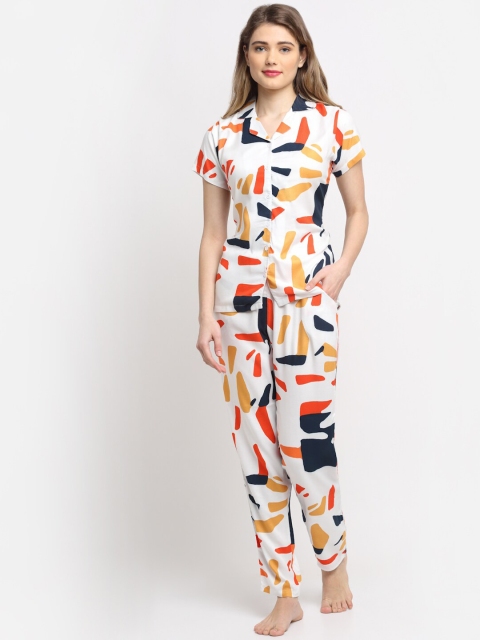 

Claura Women White & Mustard Printed Night suit