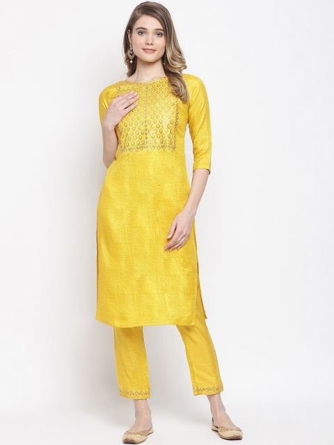 

Viva N Diva Women Yellow Yoke Design Sequinned Kurta with Trousers