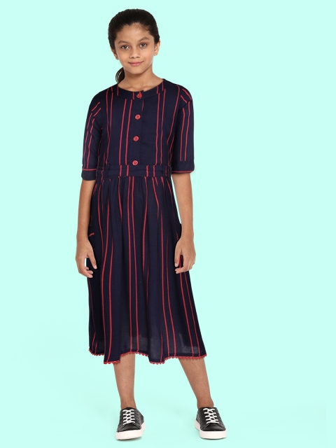 

Bella Moda Navy Blue & Red Striped A-Line Cotton Midi Dress