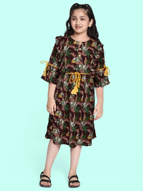 

Bella Moda Girls Brown & White Floral Pure Cotton A-Line Dress