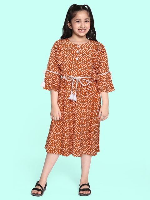 

Bella Moda Girls Mustard Brown & White Pure Cotton A-Line Dress