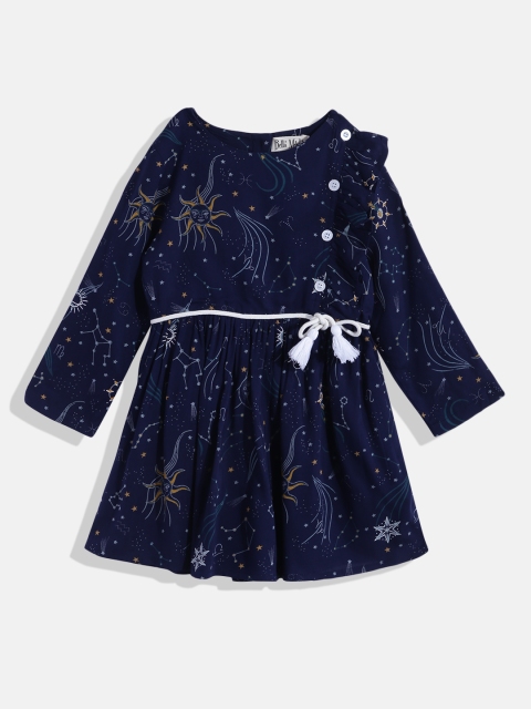 

Bella Moda Girls Navy Blue Printed Pure Cotton A-Line Dress