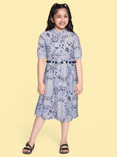 

Bella Moda Girls White & Blue Floral Pure Cotton A-Line Dress