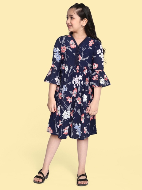 

Bella Moda Girls Navy Blue & White Floral Printed Pure Cotton A-Line Dress