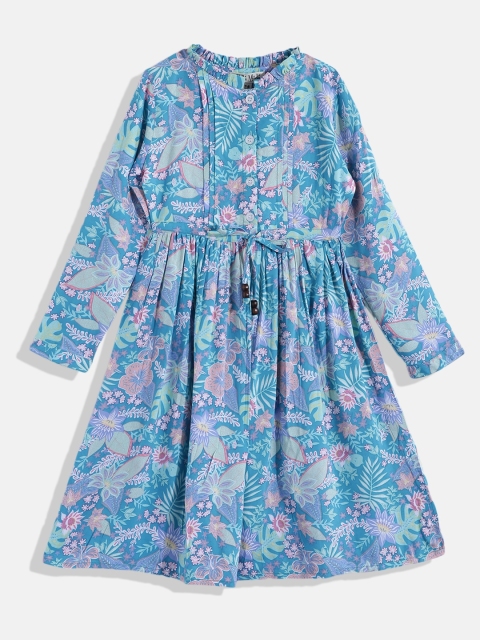 

Bella Moda Girls Blue & Pink Floral Pure Cotton A-Line Dress