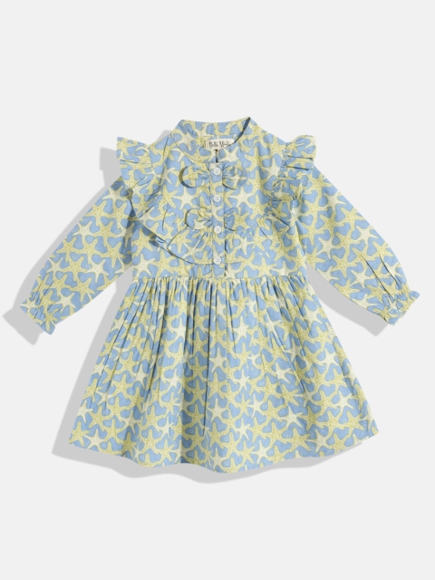 

Bella Moda Girls Blue & Green Conversational Printed Pure Cotton Ruffle A-Line Dress