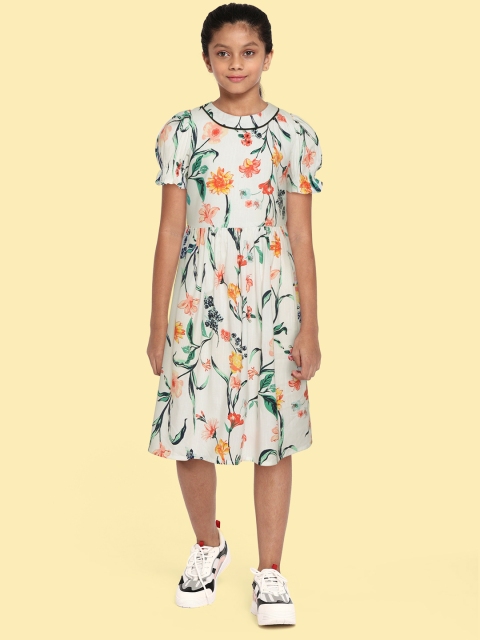 

Bella Moda Girls White & Green Floral Printed Pure Cotton A-Line Dress