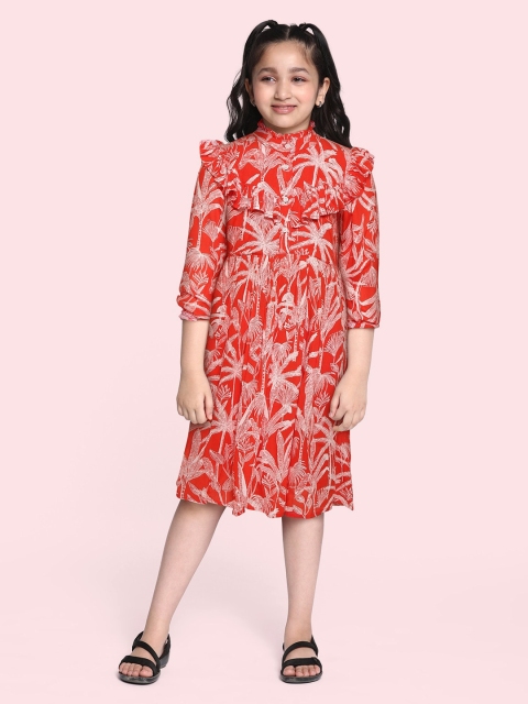 

Bella Moda Girls Red & White Tropical Printed Ruffles Pure Cotton A-Line Dress