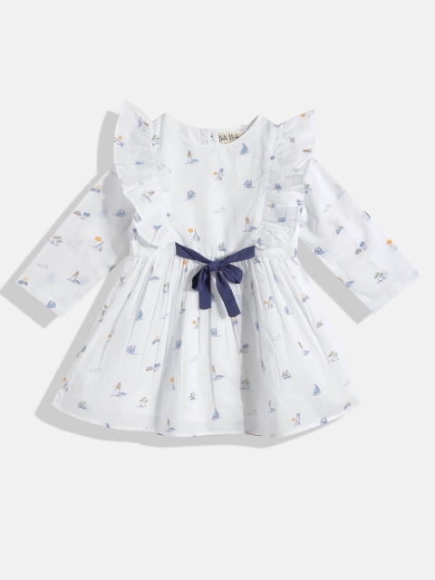 

Bella Moda Girls White & Navy Blue Conversational Printed Ruffles Pure Cotton A-Line Dress