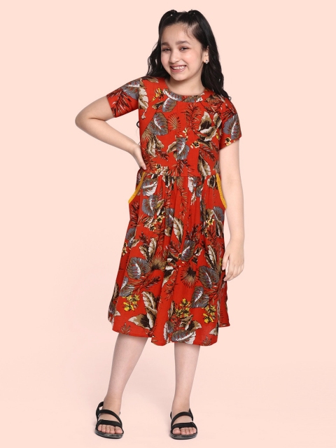 

Bella Moda Girls Rust Red & Brown Tropical Printed Pure Cotton A-Line Dress