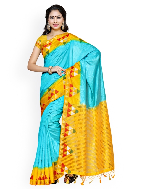 

Mimosa By Kupinda Turquoise Blue & Yellow Kanjeevaram Ikkat Art Silk Traditional Saree