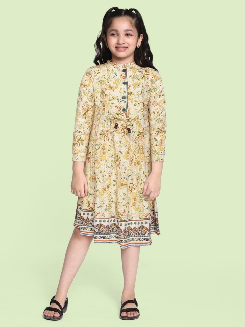 

Bella Moda Girls Women White & Mustard Yellow Ethnic Motifs Pure Cotton A-Line Dress