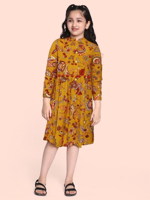 

Bella Moda Girls Mustard Brown & Rust Red Ethnic Motifs Pure Cotton A-Line Dress