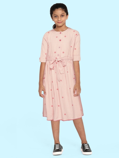 

Bella Moda Girls White & Peach-Coloured Striped Pure Cotton A-Line Dress