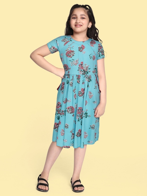 

Bella Moda Girls Blue & Red Floral Pure Cotton A-Line Dress