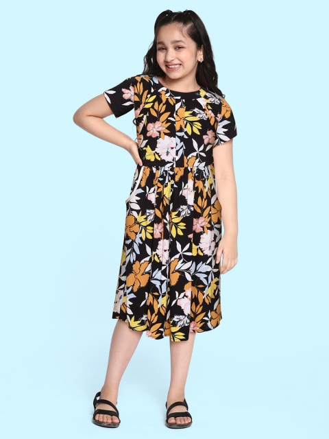 

Bella Moda Girls Black & Mustard Yellow Floral Pure Cotton A-Line Dress