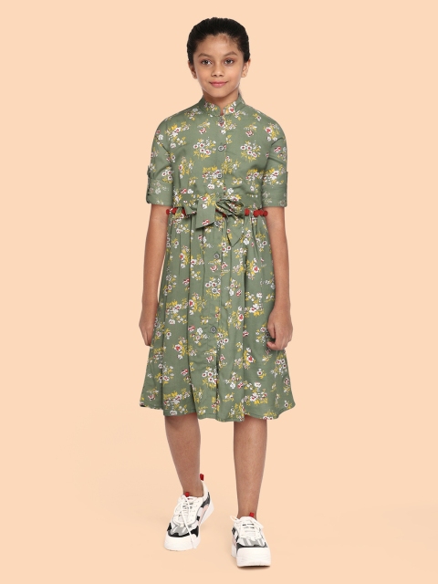 

Bella Moda Girls Green & White Floral Pure Cotton A-Line Dress
