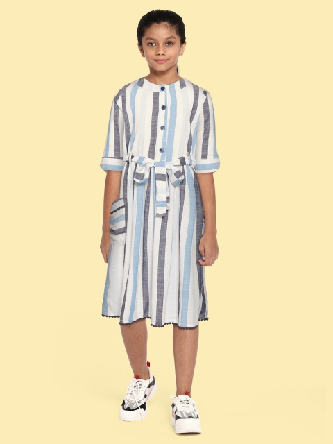 

Bella Moda Girls White & Grey Striped Pure Cotton A-Line Dress