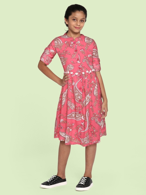 

Bella Moda Girls Pink & White Ethnic Motifs Pure Cotton A-Line Dress