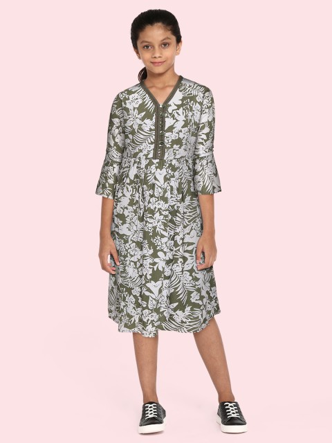 

Bella Moda Girls Olive Green & White Floral Pure Cotton A-Line Dress