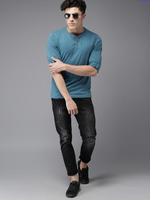 

Moda Rapido Men Teal Blue Striped Henley Neck T-Shirt