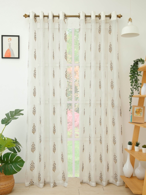 

Ariana Brown & White Set of 2 Floral Embroidered Long Door Sheer Curtain