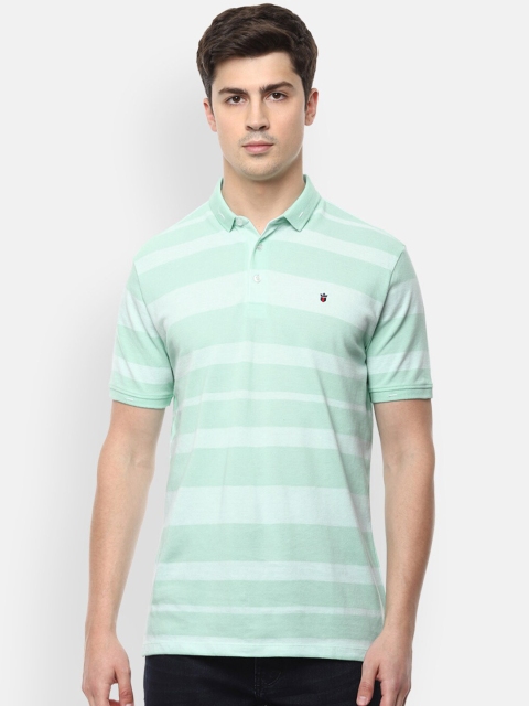 

Louis Philippe Jeans Men Turquoise Blue Striped Polo Collar Slim Fit Cotton T-shirt