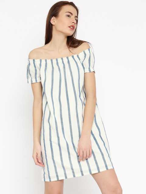 

Vero Moda Women White & Blue Striped A-Line Dress