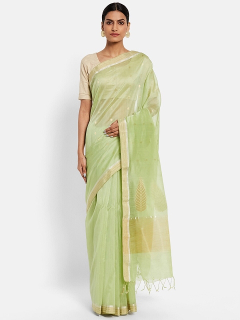 

Fabindia Light Green & Gold-Toned Ethnic Motifs Printed Cotton Silk Chanderi Saree