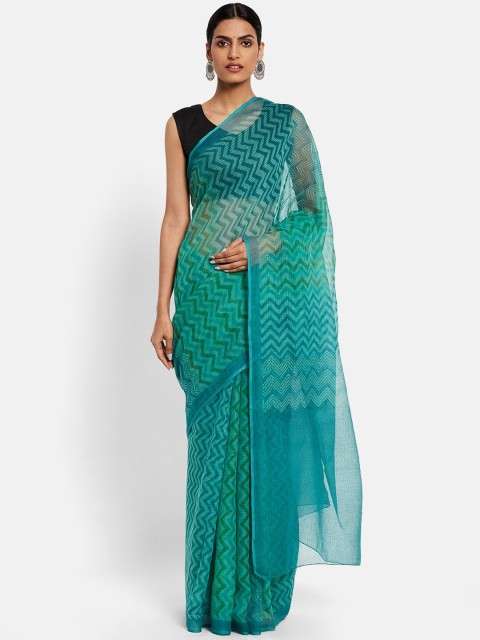 

Fabindia Teal & Green Block Printed Saree