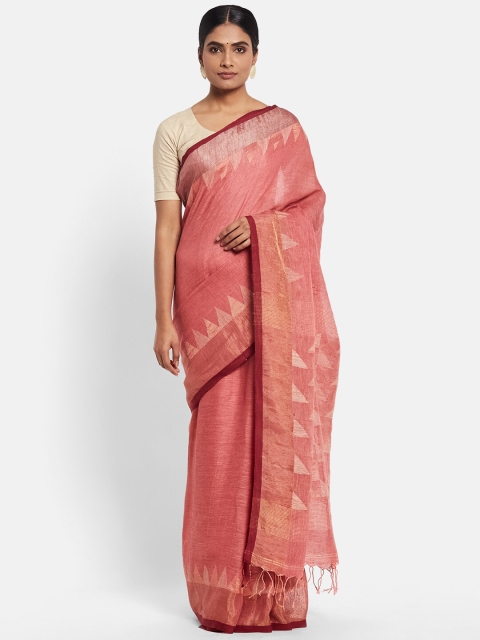 

Fabindia Pink & Gold-Toned Solid Woven Design Pure Linen Jamdani Saree