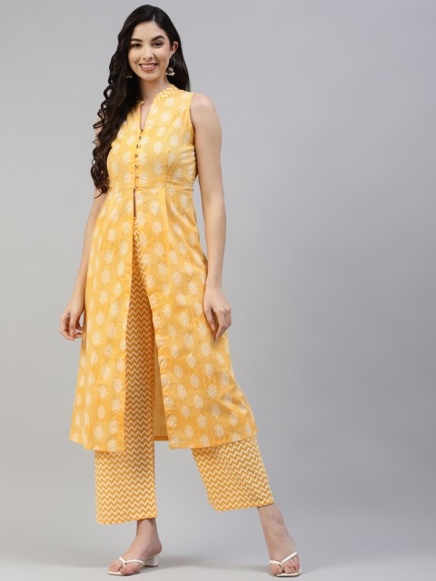 

Poshak Hub Women Yellow & White Pure Cotton Ethnic Motifs Print Kurta with Trousers