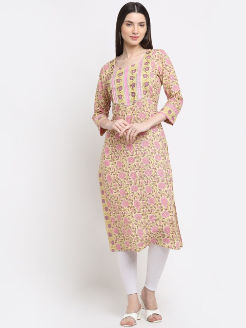 

KALINI Women Yellow & Pink Floral Printed Gotta Patti Cotton Kurta