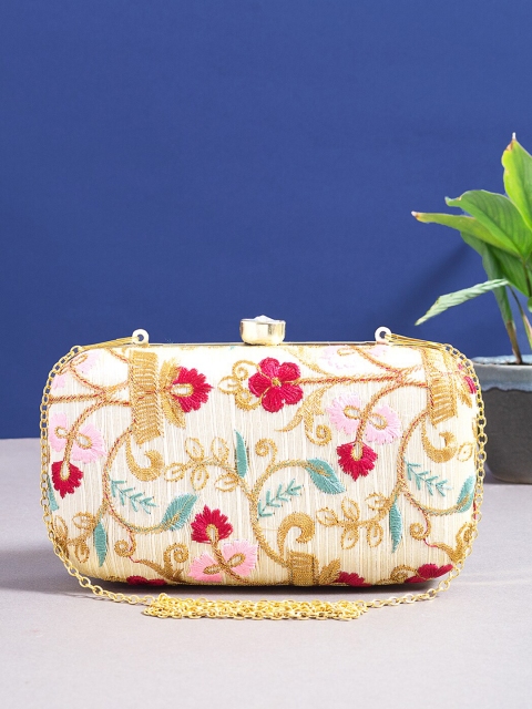 

Golden Peacock Off White & Red Embroidered Box Clutch