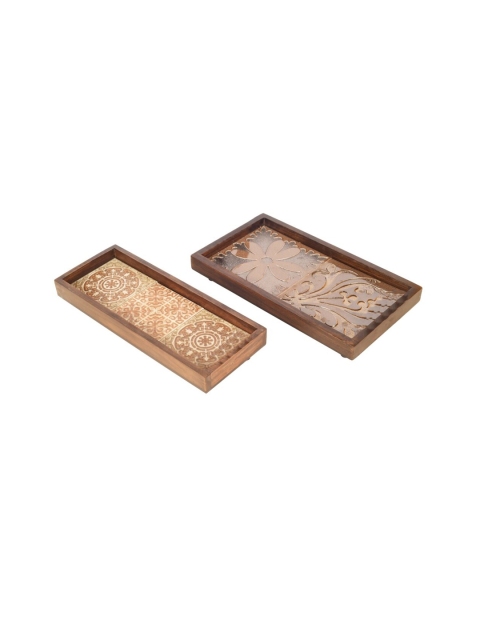 

AAKRITI ART CREATIONS Set Of 2 Beige & Brown Floral Serenade Handcrafted Trays