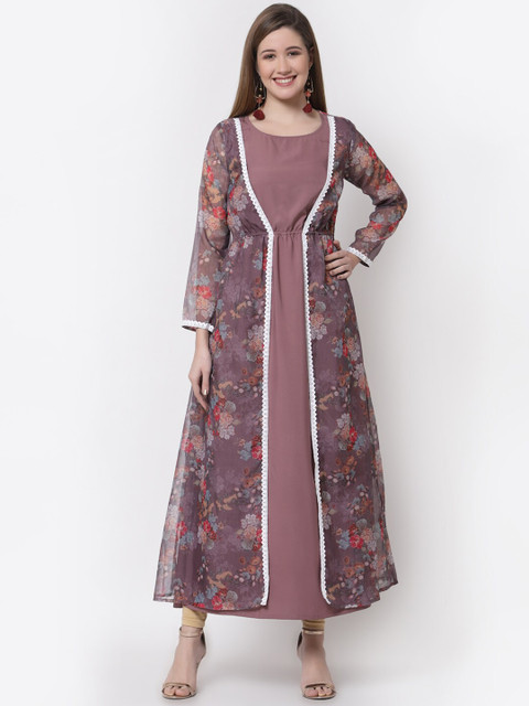 

Myshka Women Mauve Floral Printed Floral Layered Cotton Organza Kurta